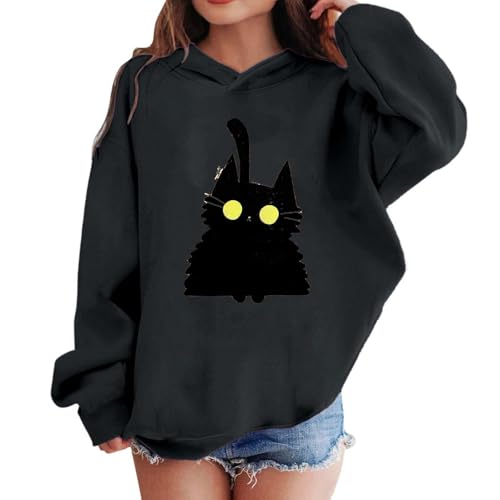 Girl Halloween Hoodies Cute Cat Graphic Long Sleeve Pullover Funny Holiday Hooded Sweatshirt2