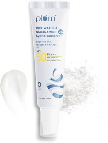 Plum_2% Niacinamide Sunscreen Spf 50 Pa+++ Rice Water|Uva/Uvb Protection|Reduces Tan,Brightens Skin|No White Cast,Lightweight,Non-Sticky|Dermatologically Tested|All Skin Types|100% Vegan|50 G
