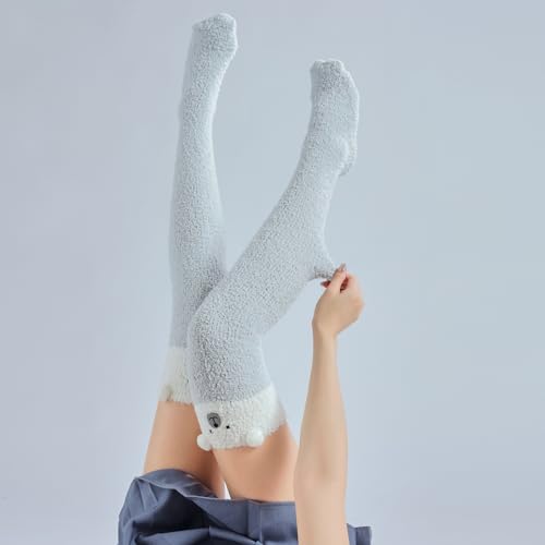 Image of Thigh High Fuzzy Socks Cute Animal Coral Fleece Over the Knee Thigh High Long Stockings Warm Stripe