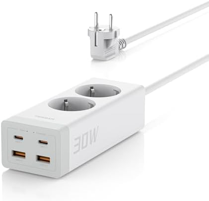 TESSAN Mehrfachsteckdose mit GaN 30W USB C, 2 Fach, 4 USB, Weiß | Überspannungsschutz, Verlängerungskabel 2M, Für Büro