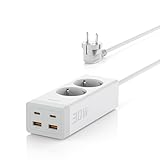TESSAN 30W USB C Steckdosenleiste, GaN USB C Schnellladen Mehrfachstecker mit 2 Fach, Mehrfachsteckdose mit Verlängerungskabel 2M, Steckerleiste Überspannungsschutz 3600W, Weiß