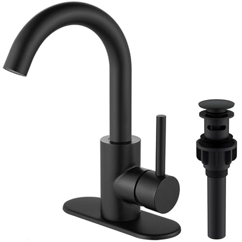 Comllen Matte Black Bar Faucets, Black Bathroom Faucet 1 Hole, 360° Swivel, Small Single Handle Bar Sink Faucet with Deck Plate for Bathroom Bar Kitchen RV Camper Outdoor Laundry Vanity Lavatory