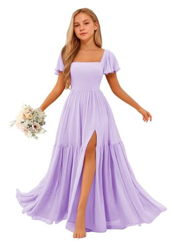 Girls Square Neck Junior Bridesmaid Dress for Wedding Short Sleeve Chiffon Flower Girl Dress