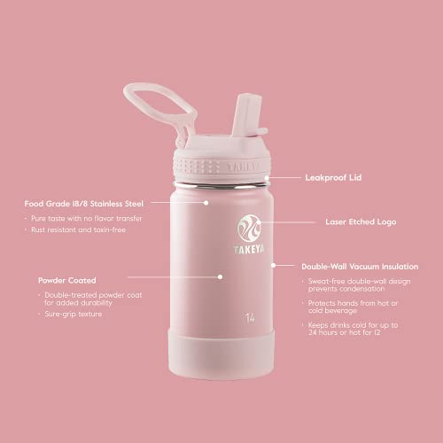 Image of Takeya Actives Kids Water Bottle 14 oz Stainless Steel Double Wall Insulation BPA-Free Leakproof Straw Lid Easy Carry Handle Reusable Ideal for Boys and Girls, School, Sports - Blush / Super Pink