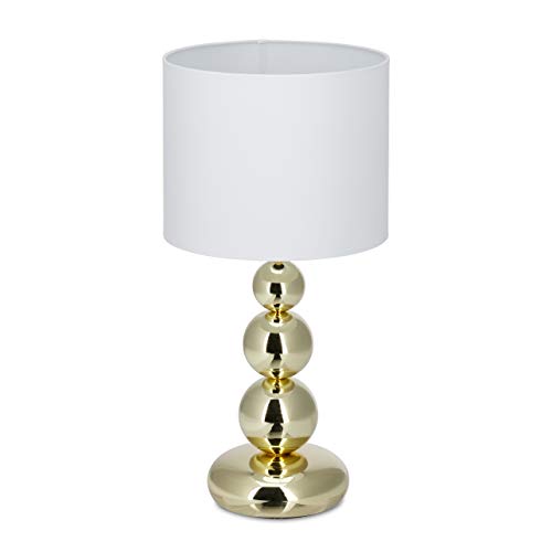 Relaxdays 10024789 Table Socle métal Lampe de Chevet Abat-Jour Tissu Design Boule, HxD: 50 x 25 cm, Or, Blanc/Doré