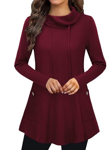 Bulotus Fall Sweaters for Women 2025 Cowl Neck Asymmetrical Long Tunics for Leggings Vacation Travel Tops with Pockets