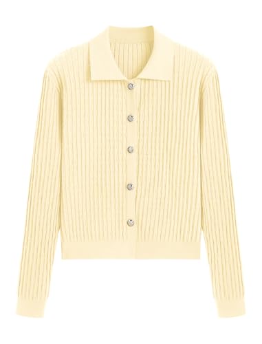 ZAFUL Womens Cable Knit Cardigan Sweater Casual Long Sleeve Open Front Button Down Cardigan Lapel Neck Cropped Sweater