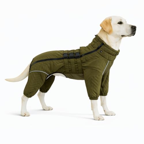Warm Double Layers Dog Coat, 4 Legs Covered Windproof Waterproof Reflective Vest, Outdoor Skating Costume for Small Medium Large Dogs, Olive 3XL