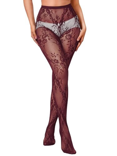 ShawGobow Patterned Tights With Designs Floral Lace Stockings For Women Goth Fishnets Costume Concert Burgundy