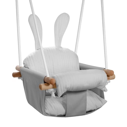 Tulano Hop 33 Grey | Baby Schaukel Hängesitz Indoor & Outdoor | Ab 6 Monaten | Mit Sicherheitsgurt & Kissen | Bis 60 kg belastbar | Baumwollgewebe & Buchenholz | Einfache Montage | Grau