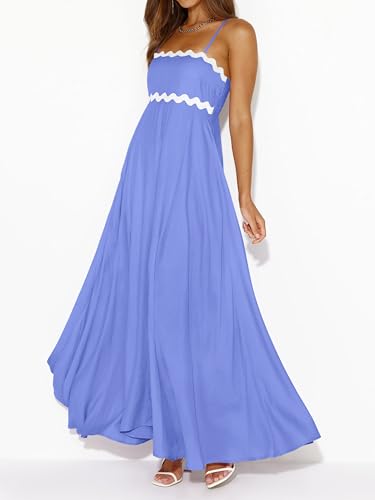 Image of PRETTYGARDEN Women Spaghetti Strap Boho Maxi Dresses Flowy | Sleeveless Smocked Long Dress, Striped Trim Flowy Dress Pockets, Elegant Square Neck Beach Sundress, Casual Summer Outfits