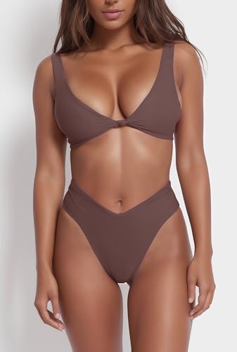 Image of geluboao Bikini Set for Women Solid V Neck Knot Front Push Up High Leg Thong Two Piece Swimsuit