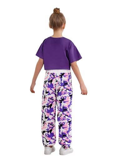Kids Girls 3 Piece Workout Sports Outfit Short Sleeve Crop Top Cami Vest with Jogger Sweatpants Set Tracksuit Purple 6-7 Years2