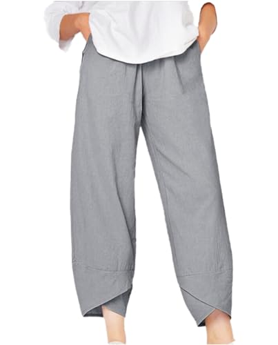 Cotton Linen Pants for Women Wide Leg Elastic Waist Capri Pant Casual Loose Palazzo Cropped Trousers with Pockets