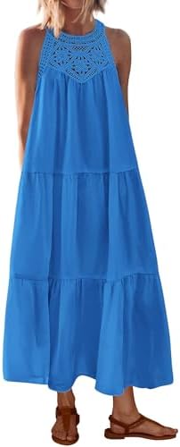 BTFBM Summer Halter Dresses for Women 2025 Casual Spring Hollow Out Sleeveless Boho Sundresses Beach Vacation Maxi Dress