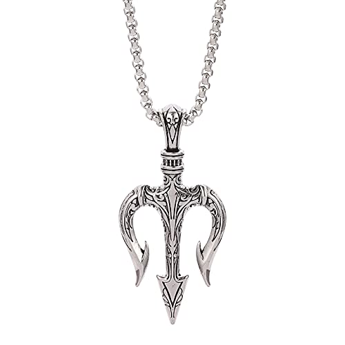 Gold Trident Neptune Pendant Necklaces Mens Punk Vintage Trident Charm Statement Necklaces Gifts for Him Hip Hop Jewelry Cosplay (A Trident Silver)