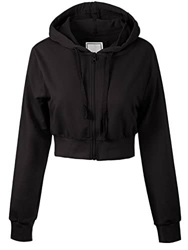 MixMatchy Women's Solid Casual Basic Long Sleeve French Terry Zip Up Crop Hoodie Jacket Black L