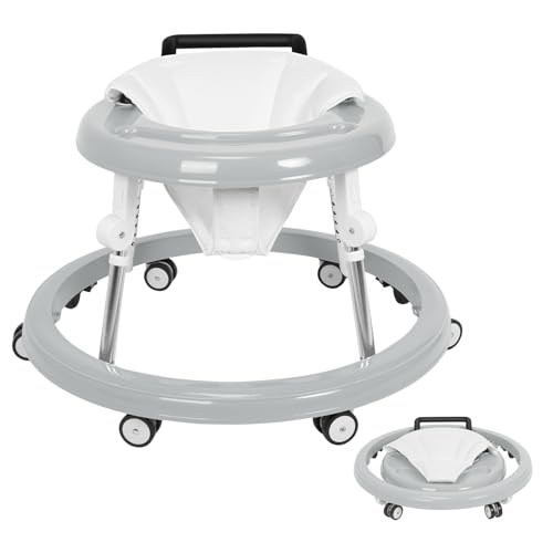 Image of Baby Walker with Wheels Foldable Adjustable Height and Seat Infant Toddler Walker with Activity Center for Boys and Girls Grey