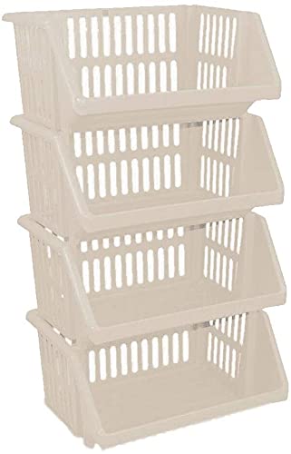 Optimal Products Large 4 Tier Stacking Baskets Storage Veg Rack Plastic Stackers 35 cm Kitchen Fruit Stand Shlef (Cream)