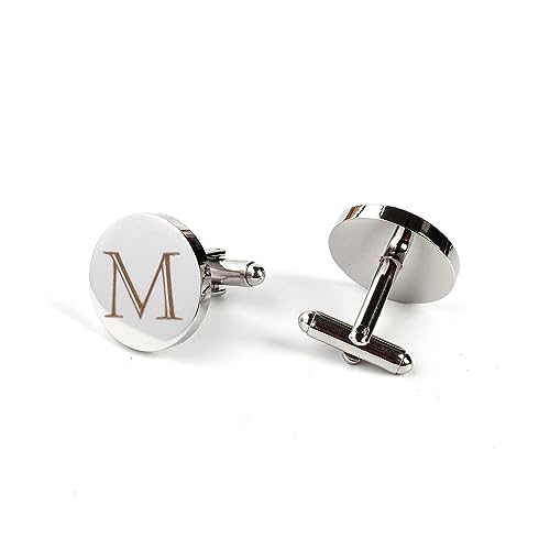 Image of Mens Initial Silver Cufflinks A-Z Alphabet Letter Steel Cuff Links with Engraved Walnut Wood Box Groom Groomsman Wedding Set
