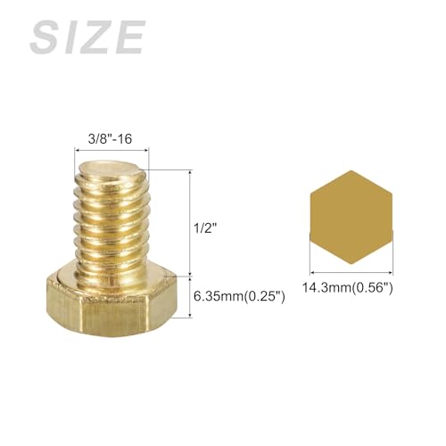 Image of METALLIXITY Hex Head Screw Bolt (3 /8-16x1 /2) 1Pcs, Brass Fully Threaded Solid Brass Hex Bolts Machine Screws - for Machinery Repair