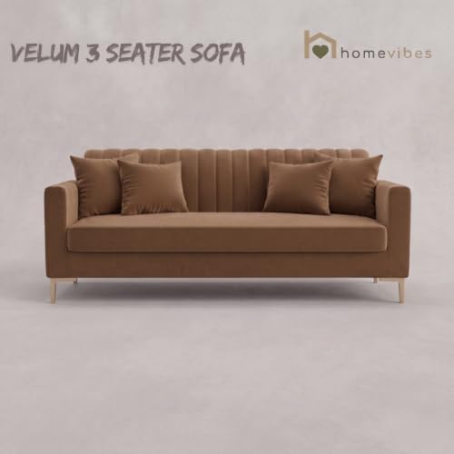 Image of Velum 3 Seater Sofa for Living Room & Office | Premium Fabric Upholstery | Solid Wood Frame | Comfortable Seating | 3 Years Warranty (Light Brown, 3 Seater Sofa)
