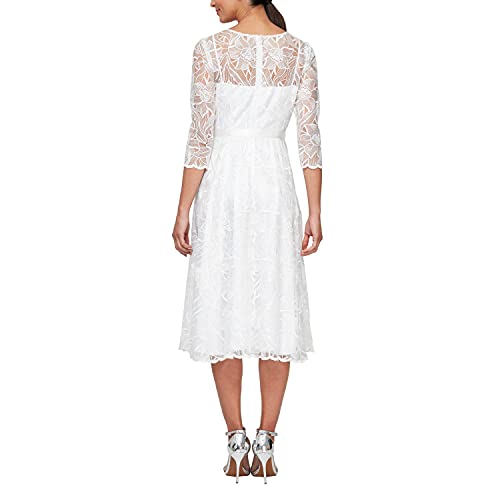 Image of Alex Evenings Womens Tea Length Embroidered Cocktail Dress with Illusion Sleeves, Wedding Guest (Petite and Regular Sizes)