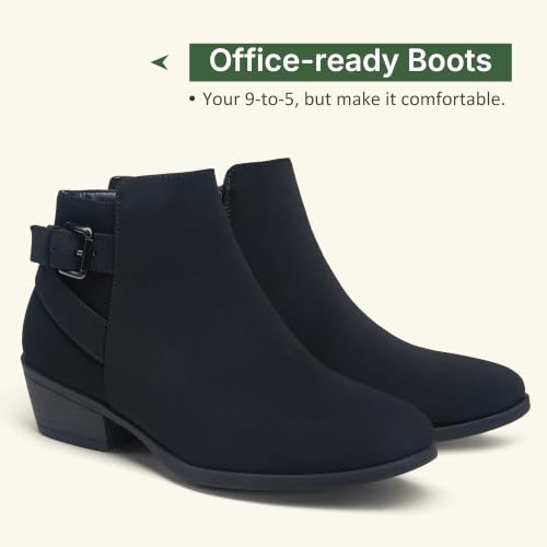 Image of Women's Short Ankle Boots, Low Heel Round Toe Western Booties | Comfortable western-inspired booties, memory foam cushioning, buckle side zip or perforated slip-on design options