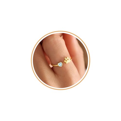 Memorial Gifts for Pet Lover Birthstone Rings for Women with Dog Paw Dainty Paw Printed Heart Rings for Teen Girl Dog Mom Gifts Adjustable Pet Paws Gold Ring for Women Non Tarnish Birthday Gift Gold Jewelry for Friend Sister Mom