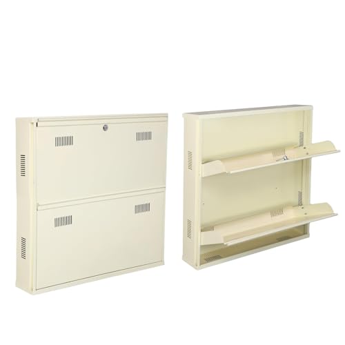 Image of Metal Shoe Rack Wall Mounted for Home with Central Locking | 2 Door 28 inch Wall Mounted Metal 6 Pair Shoe Rack Cabinet | Pre-Assembled Rack Shelves | 3 Year Warranty (Ivory)