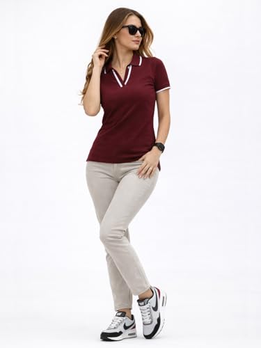 Image of JUNEBERRY Women's Regular Fit Lycra Polo T-Shirt withV- Neck Plain Contrast Piping Collar, Short Sleeves, Soft Fabric for Everyday Comfort (Sizes S to 2XL)