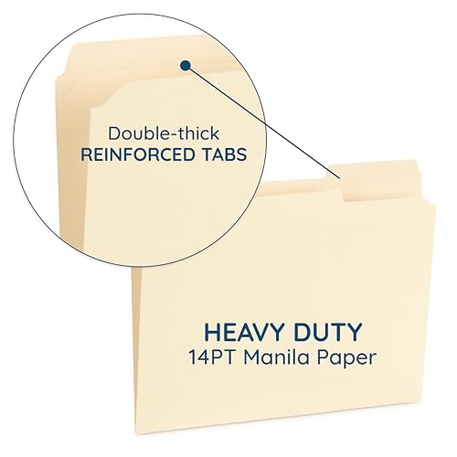 Image of Blue Summit Supplies 100 Heavy Duty Manila File Folders, Letter Size, 14pt | Heavy duty 14pt manila, reinforced 1 /3 cut tabs, for office, home, and classroom document filing