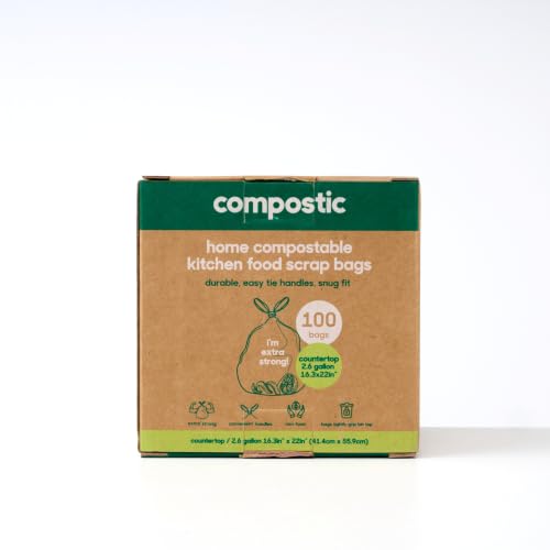 Image of Compostic Compostable Trash Bags, 2.6 Gallon Bathroom Bin, 100 Ct | Fits 2.6 Gal Bathroom Bins, Extra Strong, Home Compostable, Plant-Based, BPA & GMO Free