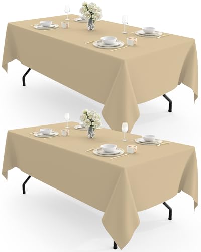 Image of Pureegg Rectangle Table Cloth 60 inch x 102 inch - Durable Polyester Tablecloth Offers Reusable & Washable Protection, Ideal for Outdoor Party, Picnic, Wedding, Banquet and Birthday, 2 Pack, Beige