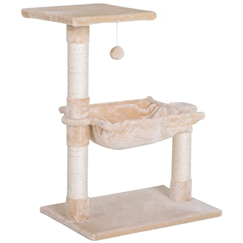PawHut Kratzbaum für Katzen, 3 Kratzstangen, Sisal, Natur, Plattform Hängematte und Kugel zum Aufhängen, Maße: 50 x 36 x 70 cm, kurzer Plüsch, Beige