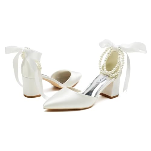 Image of Block Heel Wedding Shoes for Bride Pointed Toe Pearl Wedding Heels Bridal Shoes