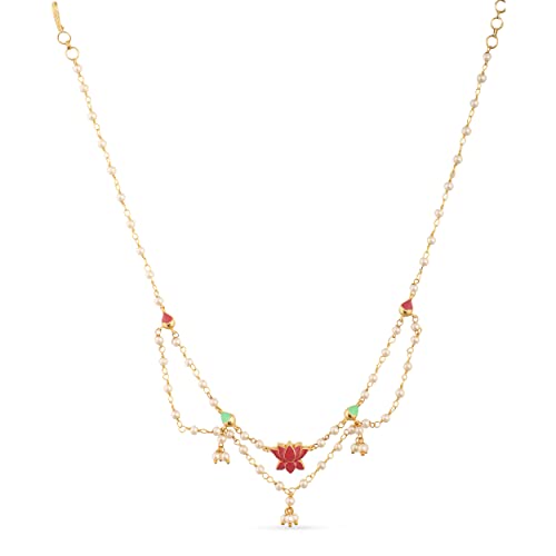 TARINIKA Jalaja Lotus Motifs Layered Pearl Necklace - Gold Plated Brass, Enamel & Pearls, Traditional Indian Jewelry for Women, Wedding & Festive Wear Gift for her
