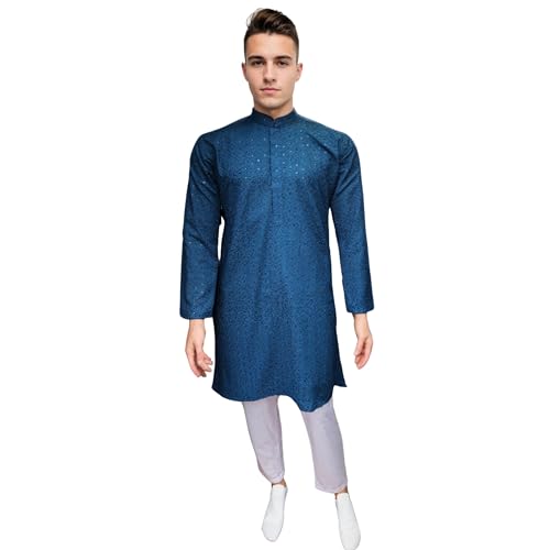 Mens Kurta Kurta Men Teal Embroidered Kurta with white straight pant Set, Mandarin Kurta pajama men