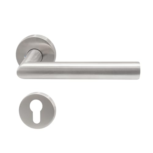 KARATINTL Door Handles, Interior Doors, Stainless Steel, Round Rosette, L-Shape, PZ - Profile Cylinder, for Room Doors, DIN Standard