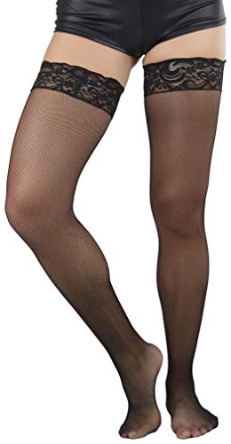 Image of ToBeInStyle Women's Wide Floral Lace Fishnet Thigh Hi Stockings