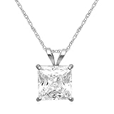 Jewelili 10K White Gold 7MM Princess Cut Cubic Zirconia Solitaire Pendant Necklace, 18'' Rope Chain
