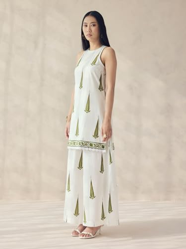 Image of FIORRA Women's Off-White Printed Cotton Sleeveless Kurta Set