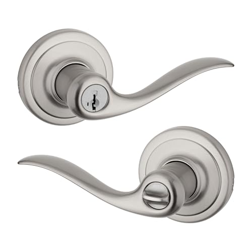 Image of Kwikset Tustin Entry Door Handle with Lock and Key, Secure Keyed Reversible Lever Exterior, For Front Entrance and Bedrooms, Satin Nickel, Pick Resistant Smartkey Rekey Security and Microban