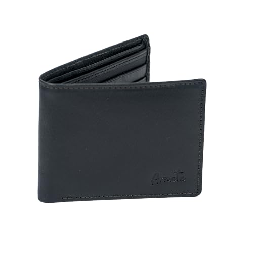 Men's Bifold Black Genuine Leather Wallet with 9 Card Slots 1 ID Window 2 Bill compartments, BLACK, Bi-Fold Genuine Leather Wallet