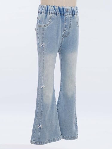 FEESHOW Kids Girls Bowknot Embroidery Flared Jeans Casual Slim Fit Bell Bottom Denim Pants Elastic Waist Trousers4