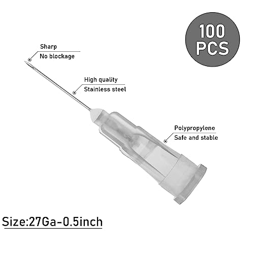 Image of 100Pack 27 Gauge 1 /2 Inch Syringe Needles, Disposable Luer Lock Sterile Supplies