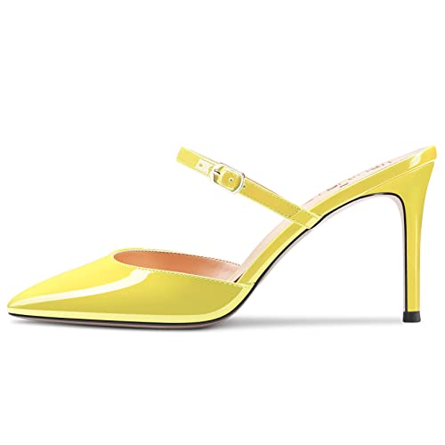 HEUIVZAR Pumps for Women Slingback Ankle Strap Two-Piece Pointed Toe Stiletto Mid High Heel Pumps Patent Shopping Vacation 3 Inch