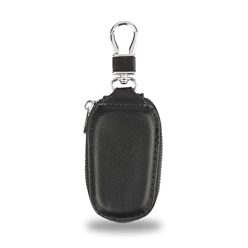 Amiss Car Key Case, Universal Key Fob Cover Case, Key Fob Protector, Genuine Leather Car Smart Key Chain Keychain Holder Metal Hook and Keyring Zipper Bag for Remote Key Fob – Black