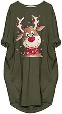 jsarle Christmas Dresses for Women,Comfy Plus Size Long Sleeve Tshirt Dress Casual Loose Cute Christmas Print Midi Dress