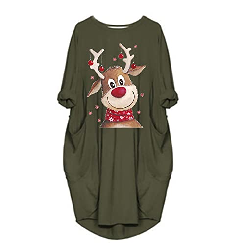 Jsarle Christmas Dresses For Women,Comfy Plus Size Long Sleeve Tshirt Dress Casual Loose Cute Christmas Print Midi Dress #TOP2